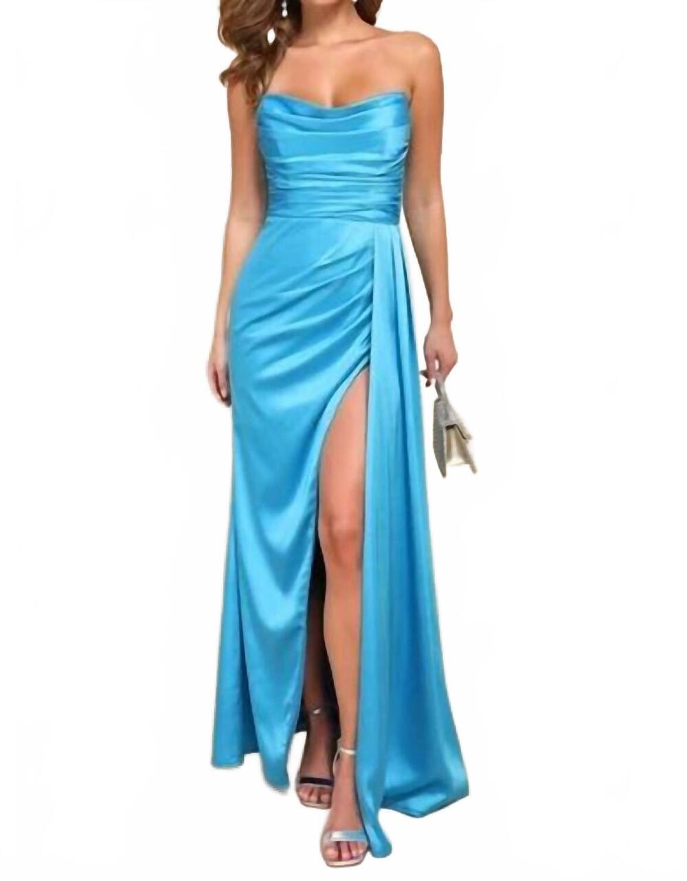 NEW LULUS ethereal excellence satin pleated strapless maxi dress in teal blue